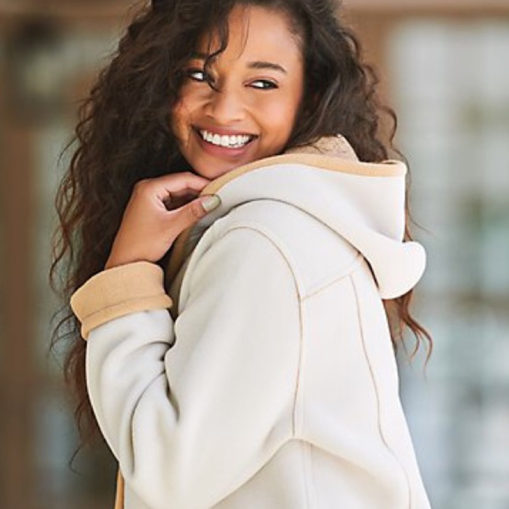 Susan Graver Ivory Polar Fleece Coat & Camel Trim. - Picture 8 of 9
